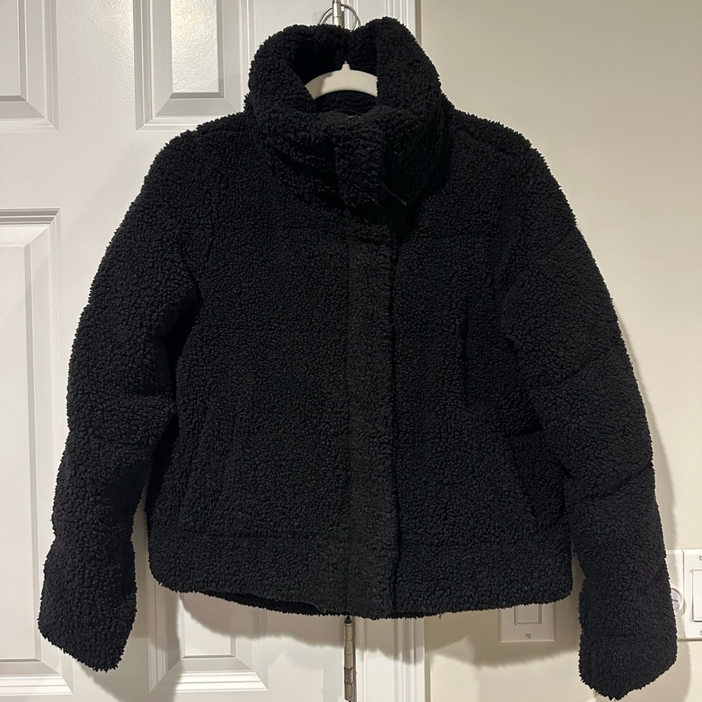 Abercrombie & Fitch Black Sherpa Fleece Puffer Coat Jacket Size XS Fuzzy
